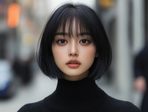 Chin-length pageboy haircut on Asian woman, soft bangs and inward-curving blunt ends, against plain background, perfect for fashion and modern beauty concepts
