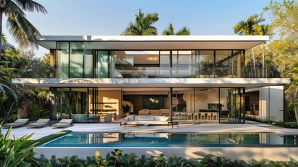 Fototapeta premium Modern Two-Story House with Pool and Tropical Landscaping