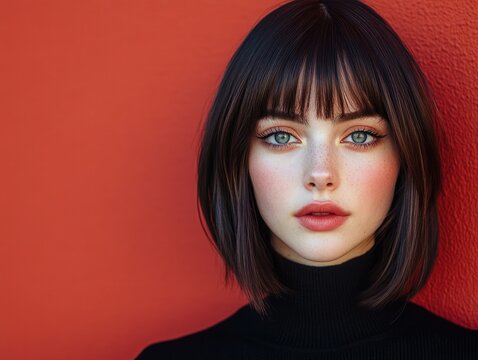 Woman with Classic Pageboy Haircut, Chin-Length Bob and Blunt Bangs, Sleek and Structured Look, Black Turtleneck, Red Background, Modern and Retro Elegance
