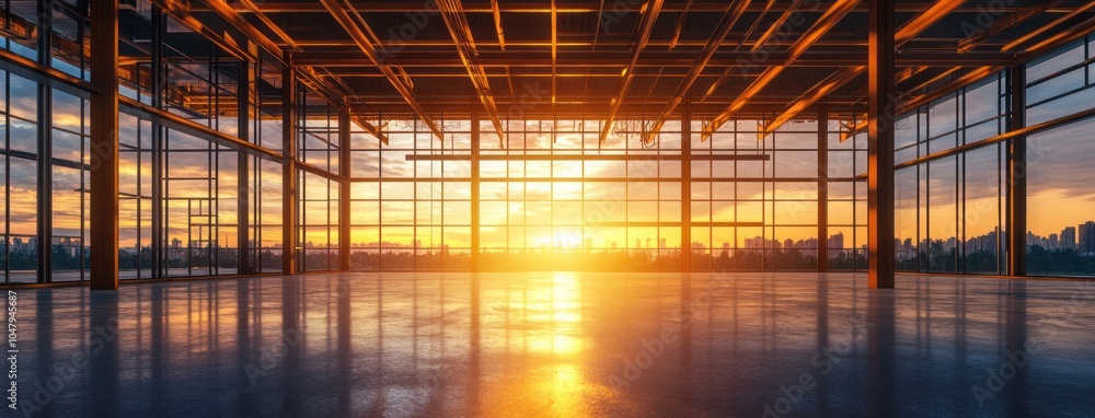 Poster sunset view through large windows in a modern building
