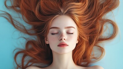 Fototapeta premium Gorgeous Redhead with Flowing Hair on Blue Background