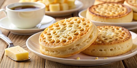 A plate of freshly baked crumpets with a side of butter and a cup of coffee in the background.