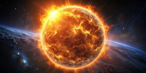 Fototapeta premium A blazing inferno engulfs a celestial body, casting an ominous glow on a distant planet, a cosmic ballet of fire and destruction.