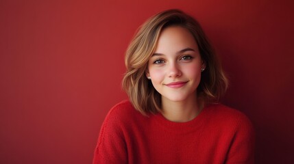 Fototapeta premium Portrait of a Smiling Young Woman in Red Sweater