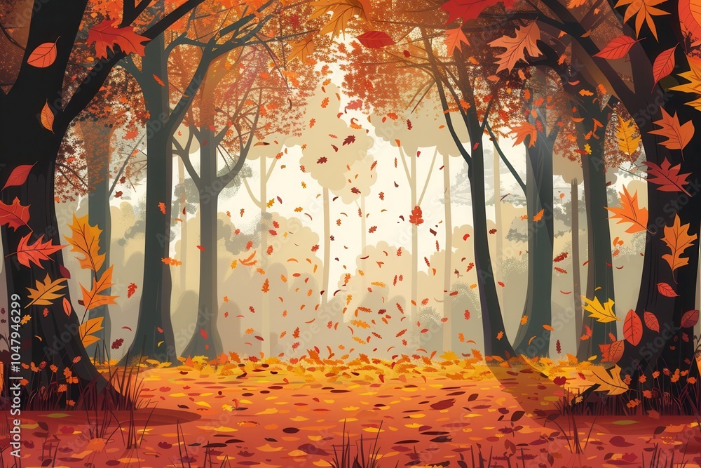 Fototapete A serene autumn forest is filled with trees covered in bright fall leaves, creating a picturesque and warm atmosphere. Generative AI