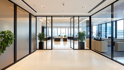 Fototapeta premium Modern office corridor with glass partitions and plants, showcasing a professional workspace.