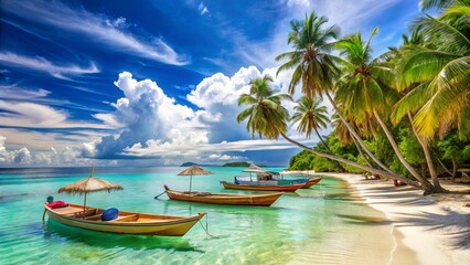Fototapeta premium Tranquil Tropical Paradise with Boats Gently Rocking in Crystal Clear Water, Palm Trees Swaying in the Gentle Breeze, and Sunbeams Dancing on the White Sand Shore