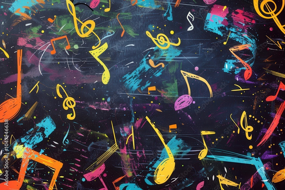 Poster a vibrant chalkboard showcases colorful brushstrokes intertwined with musical notes, reflecting a li