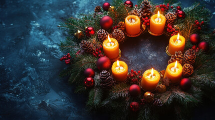 festive wreath adorned with candles, pinecones, and ornaments creates warm atmosphere