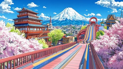 Scenic View of Mount Fuji with Cherry Blossoms and a Traditional Japanese Building.