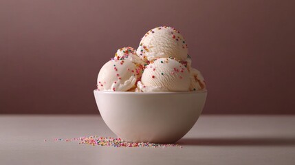 Vanilla Ice Cream Scoops with Sprinkles in White Bowl