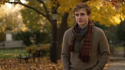 Young Man in Autumn Park with Colorful Leaves