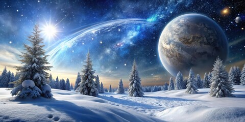 A Winter Wonderland Beneath a Celestial Tapestry, With a Distant Planet Gleaming in the Night Sky