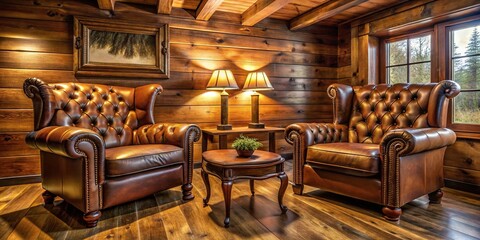 Symmetrical warm cozy cabin lounge vintage leather chairs