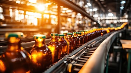 Bottles on Production Line at Sunset Glow