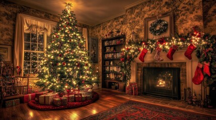 Fototapeta premium Cozy Christmas Living Room with Decorated Tree and Fireplace