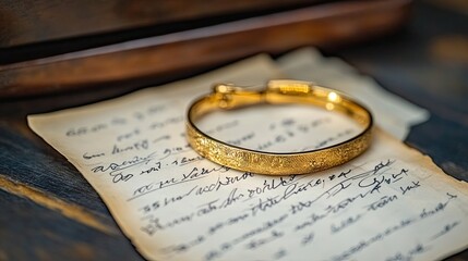 Fototapeta premium Elegant Gold Bracelet on Vintage Handwritten Letter