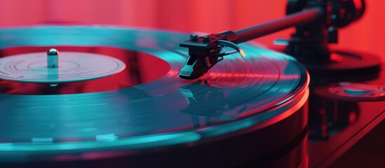 Vinyl Record Playing on Turntable in Neon Light