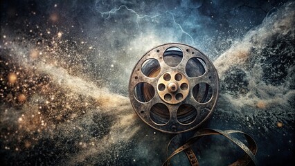 Obraz premium The nostalgic essence of a vintage film reel captured in a dramatic cloud of dust and light