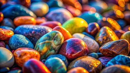 Fototapeta premium A symphony of colors and textures in a cluster of smooth, polished stones, each reflecting the warm glow of the setting sun.