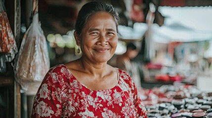 Obraz premium Joyful Woman at Vibrant Market Stall Smiling