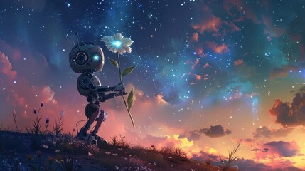 Naklejka premium Romantic robot taking care of flowers under the starry night sky, AI generated image