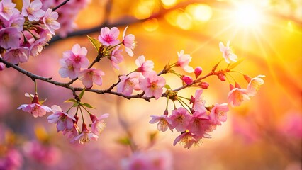 Obraz premium Delicate pink blossoms on a branch, bathed in the warm glow of a setting sun, creating a vibrant spectacle of natural beauty.