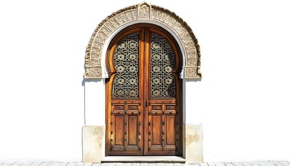 Ornate wooden door with intricate carvings against a white wall.