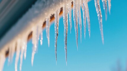 Closeup of icicles hanging from a roof, sparkling in the sunlight, crisp winter day