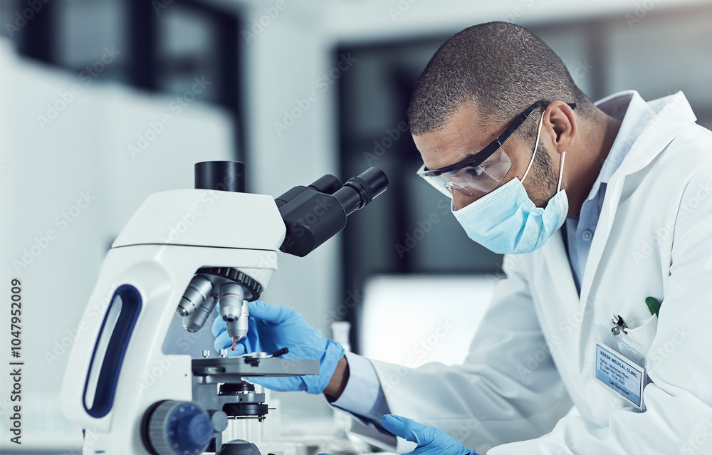 Poster man, microscope and scientist at lab for research, test and blood sample for mpox vaccine developmen
