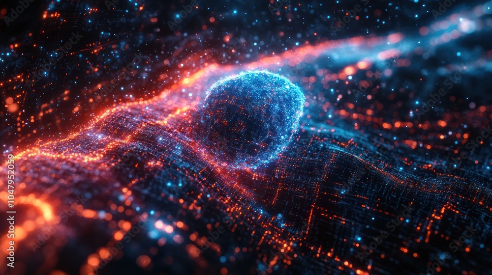 Poster abstract visualization of digital particles and energy waves.
