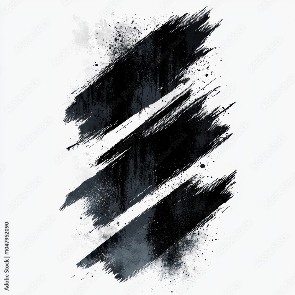 Poster abstract black brush strokes create a dynamic, expressive design with splashes of paint, evoking a s