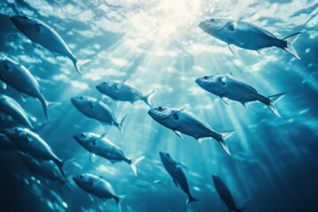Naklejka premium School of Fish Swimming in Sunbeams