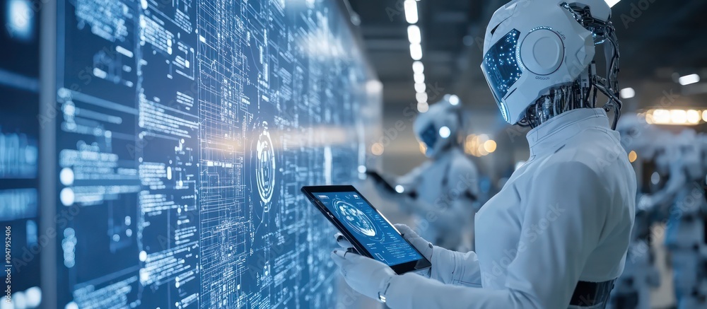 Poster futuristic robots analyzing data on digital panel in tech lab