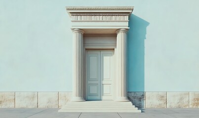 Fototapeta premium A classical-style entrance with columns and a double door against a light blue wall.