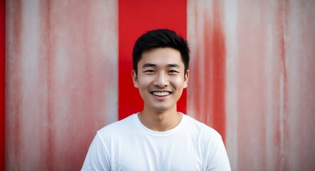 Obraz premium east asian young man red background wearing plain white tshirt smiling happy portrait