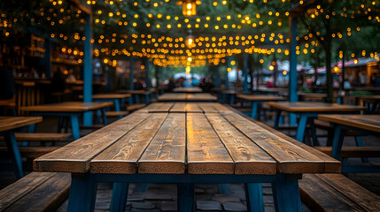 Obraz premium Rustic Wooden Table with Blue Legs and String Lights - Photo