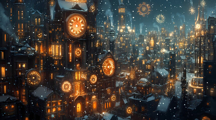 A steampunk cityscape features buildings adorned with gears and cogs, illuminated warmly from within, and covered in a light layer of snow. Steampunk Cityscape. Illustration