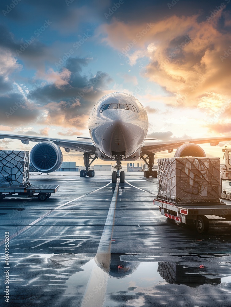 Fototapete a cargo airplane is ready for takeoff at sunset, with equipment and crates nearby for loading and un