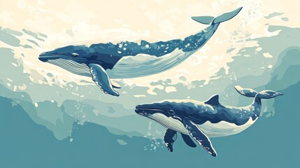 Naklejka premium Whale mother and calf swimming slowly Adobe Illustrator