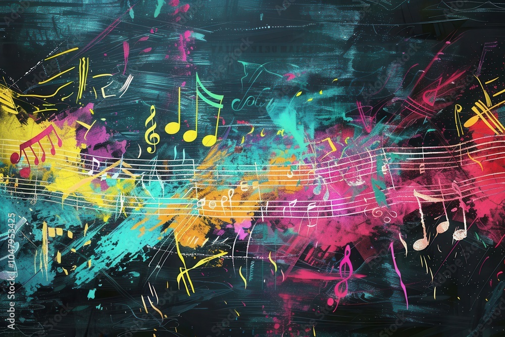 Poster vivid chalkboard art displays colorful brushstrokes alongside musical notes, creating an engaging an