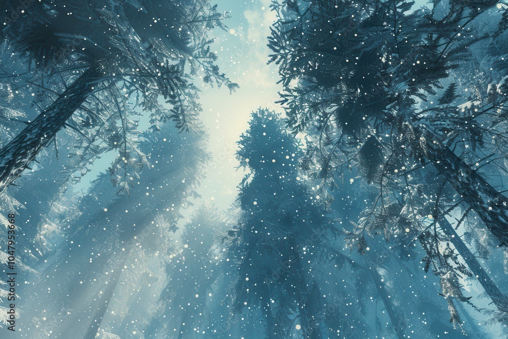 Poster snow softly drifts down among towering pine trees in a tranquil forest, creating a magical winter at