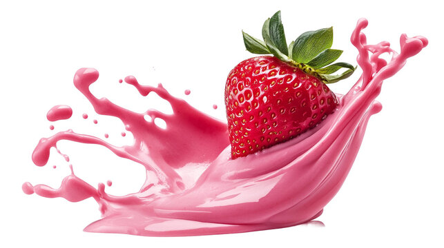  Fresh strawberry flying in pink yogurt splash isolated on white and transparent background