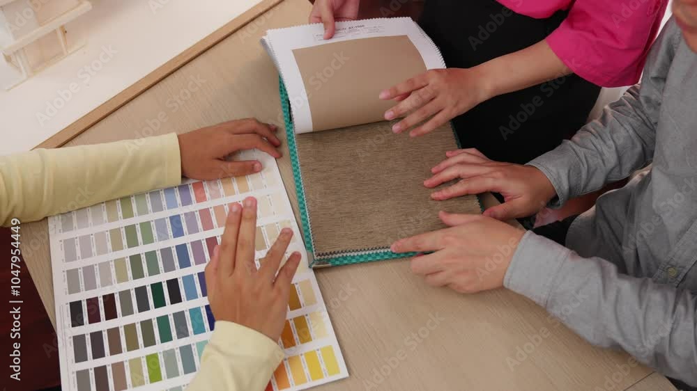 Poster slow motion hand closeup architect and interior designer presenting textile material and color from 