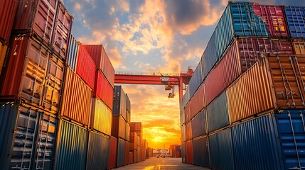 Fototapeta premium Stacked Shipping Containers at Sunset.