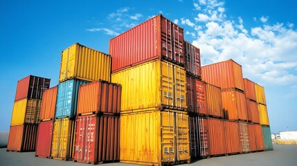 Fototapeta premium Stack of Shipping Containers Against a Blue Sky.