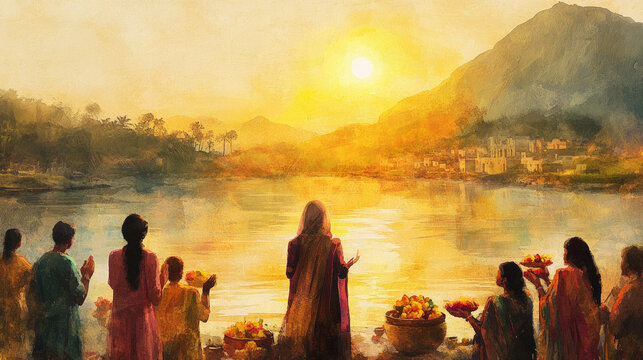 Chhath Puja, illustration of a woman praying by the river, the sun rising behind the mountain creating golden light, people around her holding offerings of flowers and fruit, Ai generated images