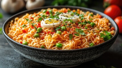 A bowl of noodles with eggs and vegetables. A perfect image for food blogs, magazines, or websites showcasing easy and tasty recipes.