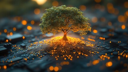 Tiny tree growing on a microchip, glowing circuitry, warm bokeh background, nature meets technology, high contrast lighting