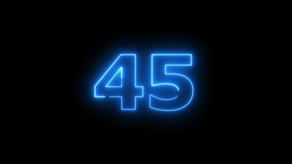 Glowing neon light countdown 45 number illustration background 4k.